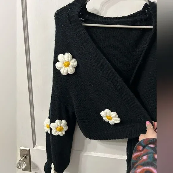 Black Cardigan with Daisy Accents - Picture 2 of 7